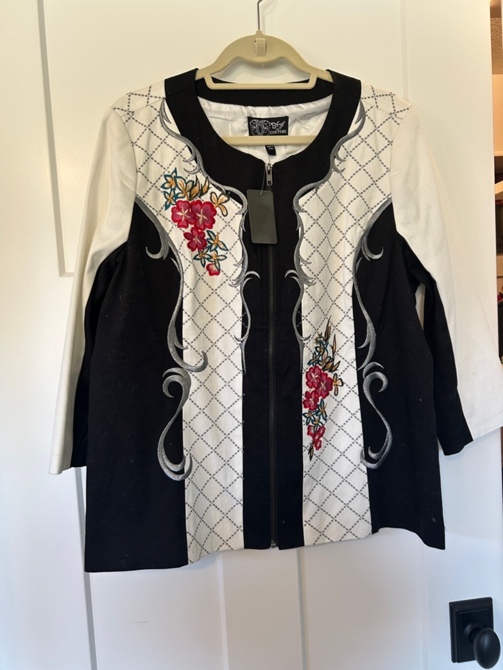 Sharif 1827 couture front full zip jacket 3/4 sleeves floral embroidery lined